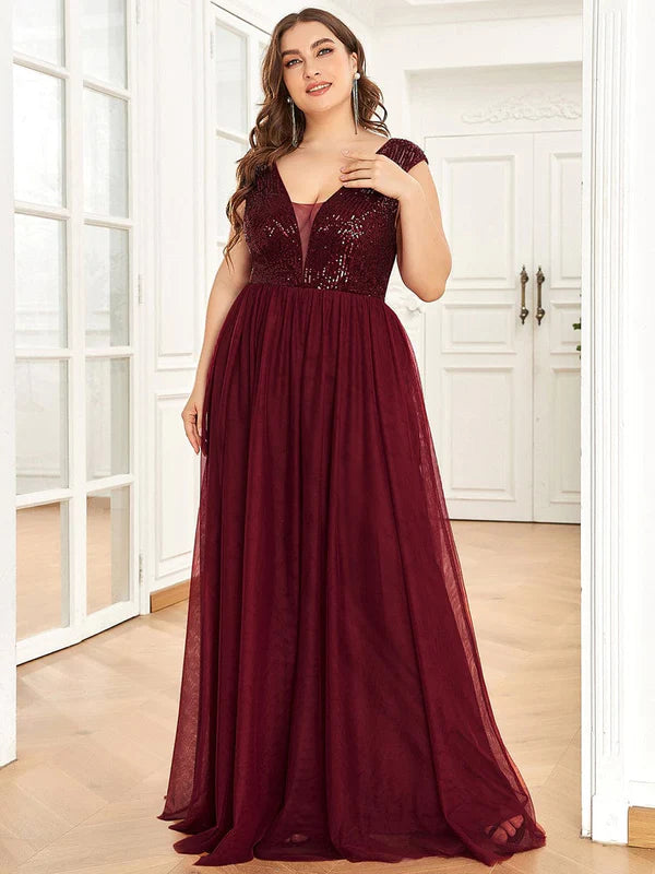 Plus Size Sequin Illusion Plunging V-Neckline Sleeveless A-Line Tulle Evening Dress