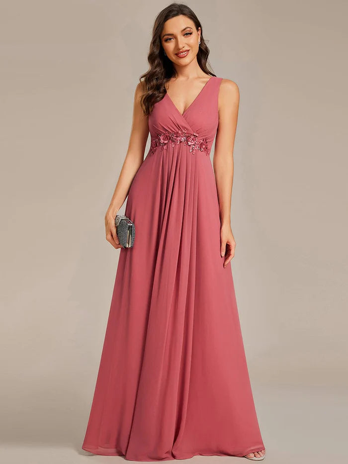 Floral Applique Sleeveless Chiffon Long Formal Evening Dress/Prom  Dresses