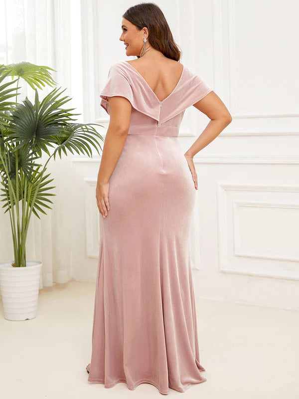 Plus Size V-Neck Velvet Pleated Floor Length Evening Dress