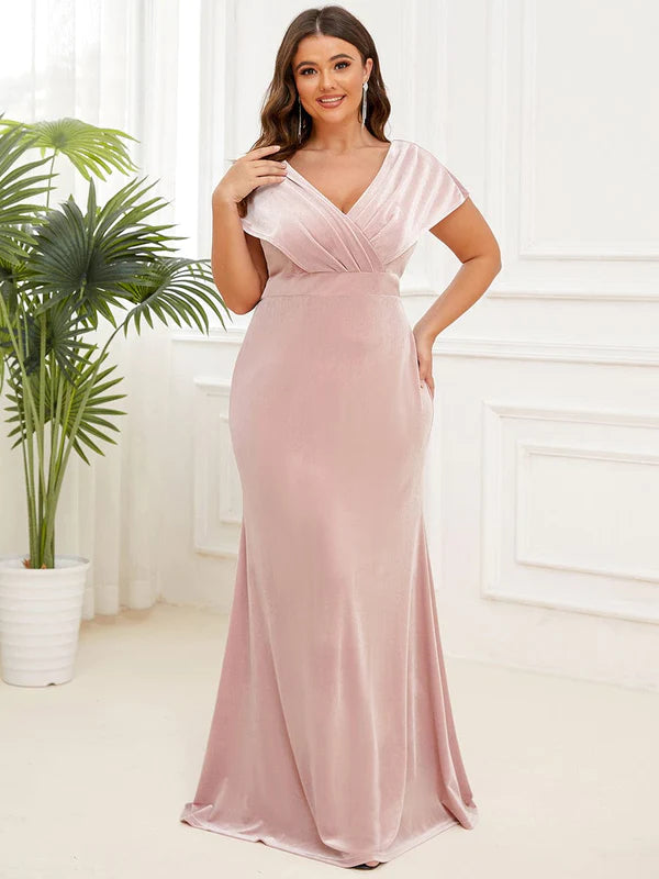 Plus Size V-Neck Velvet Pleated Floor Length Evening Dress