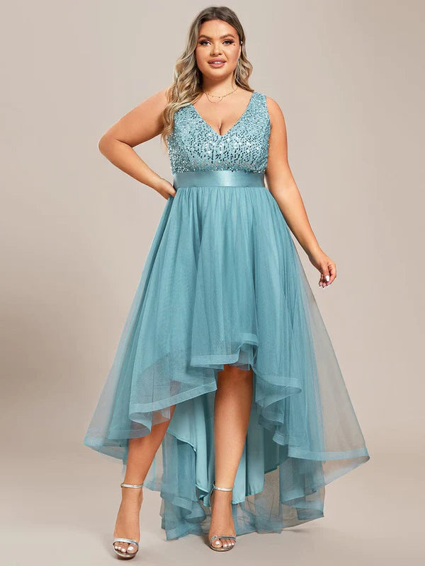 Plus Size Sleeveless Sequin Ribbon Waist Tulle High Low Evening Dress