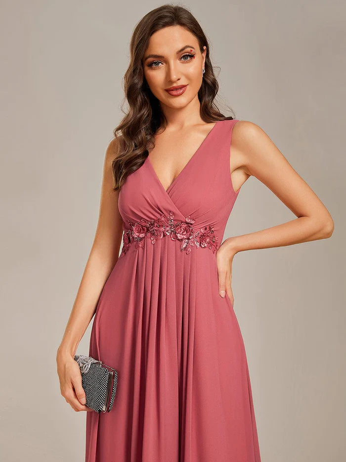 Floral Applique Sleeveless Chiffon Long Formal Evening Dress/Prom  Dresses