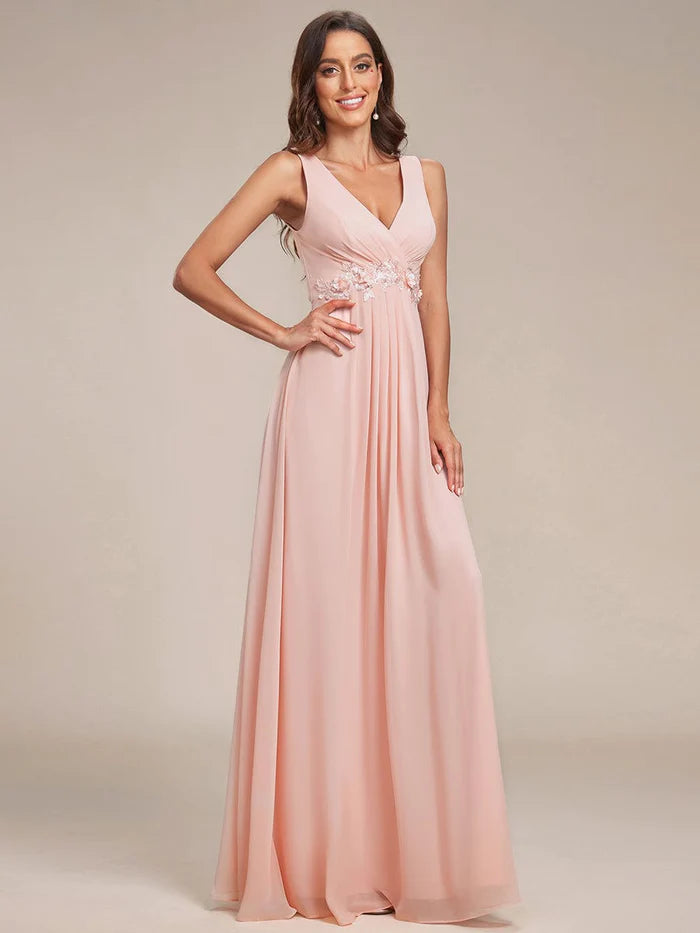 Floral Applique Sleeveless Chiffon Long Formal Evening Dress/Prom  Dresses