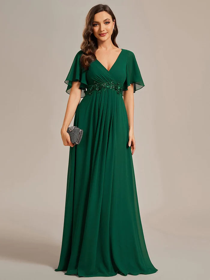 Ruffles Sleeve A-Line Chiffon Waist Applique Maxi Evening Dress/Prom Dresses