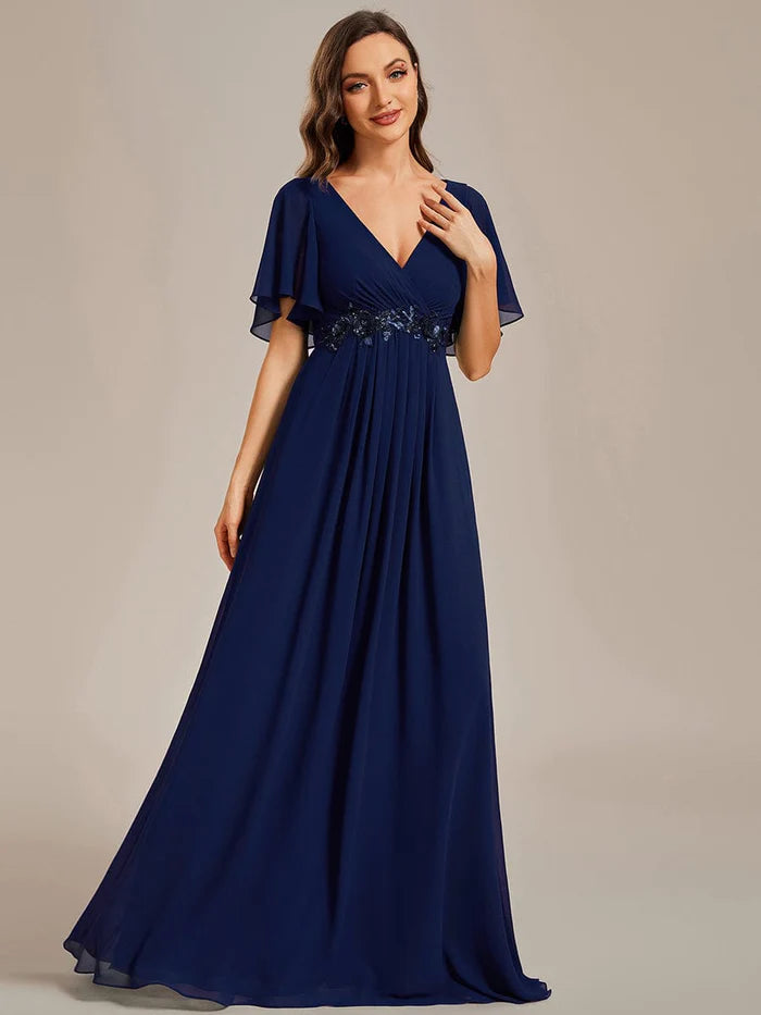 Ruffles Sleeve A-Line Chiffon Waist Applique Maxi Evening Dress/Prom Dresses