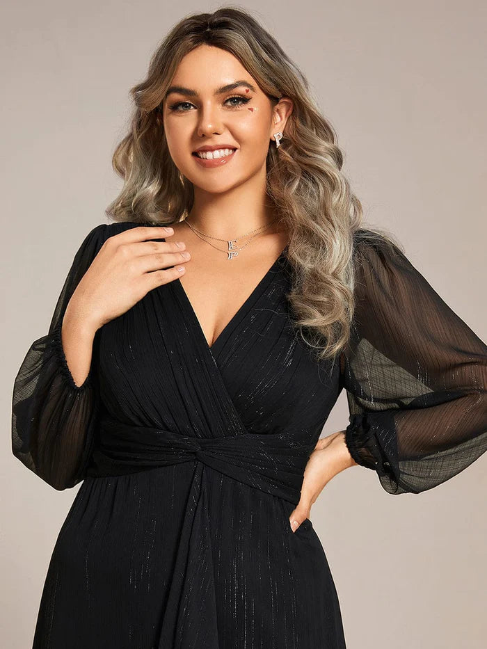 Plus Size Twist Knot Louts Leaf Long Sleeve A-Line Evening Dress With  Prom  Dresses
