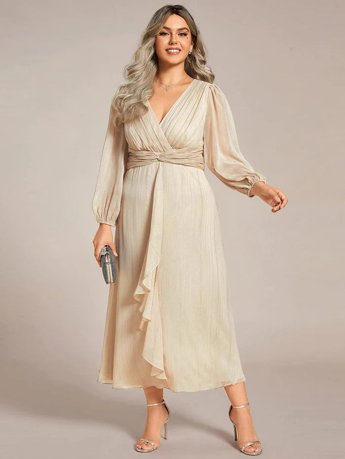 Plus Size Twist Knot Louts Leaf Long Sleeve A-Line Evening Dress With  Prom  Dresses