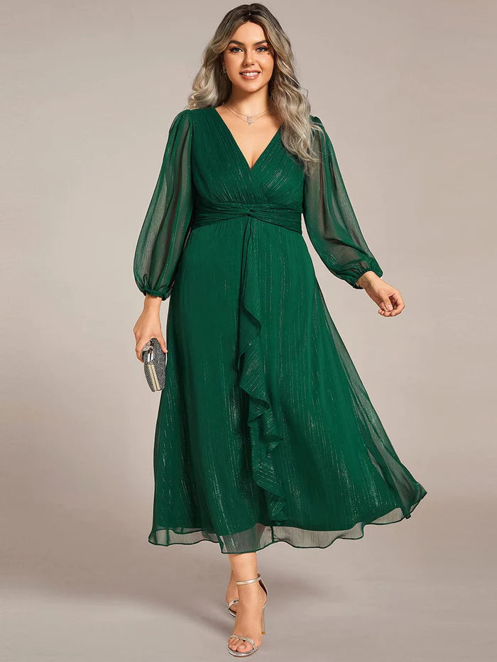 Plus Size Twist Knot Louts Leaf Long Sleeve A-Line Evening Dress With  Prom  Dresses