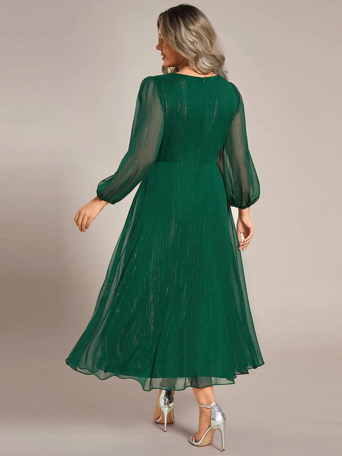 Plus Size Twist Knot Louts Leaf Long Sleeve A-Line Evening Dress With  Prom  Dresses