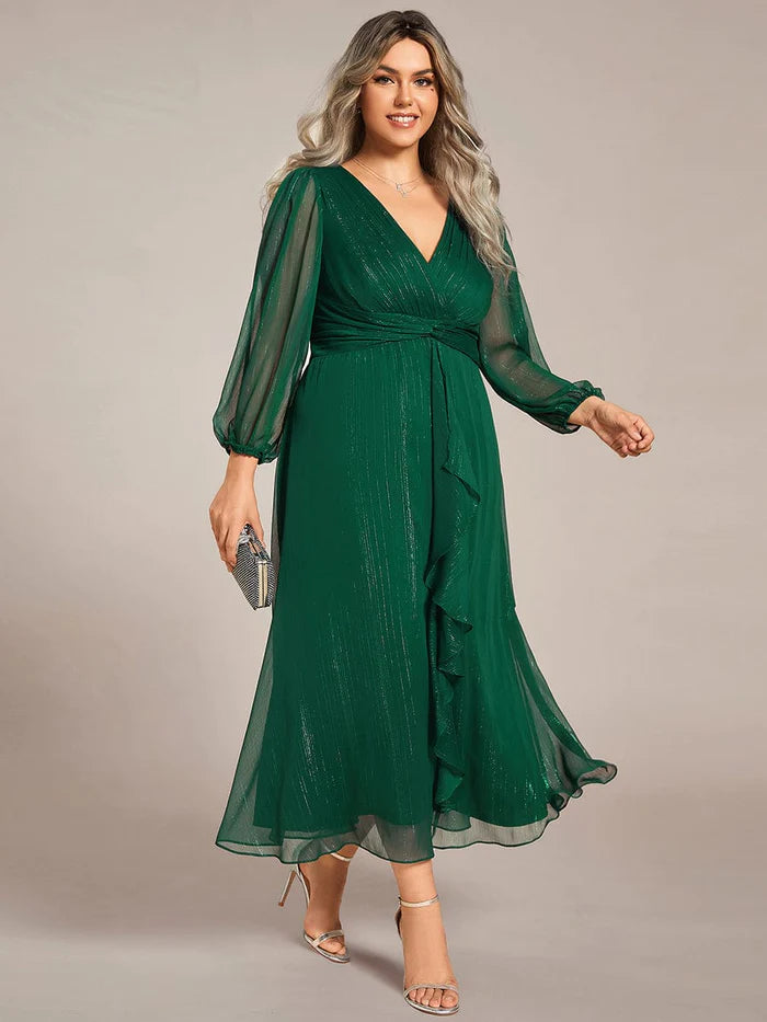 Plus Size Twist Knot Louts Leaf Long Sleeve A-Line Evening Dress With  Prom  Dresses