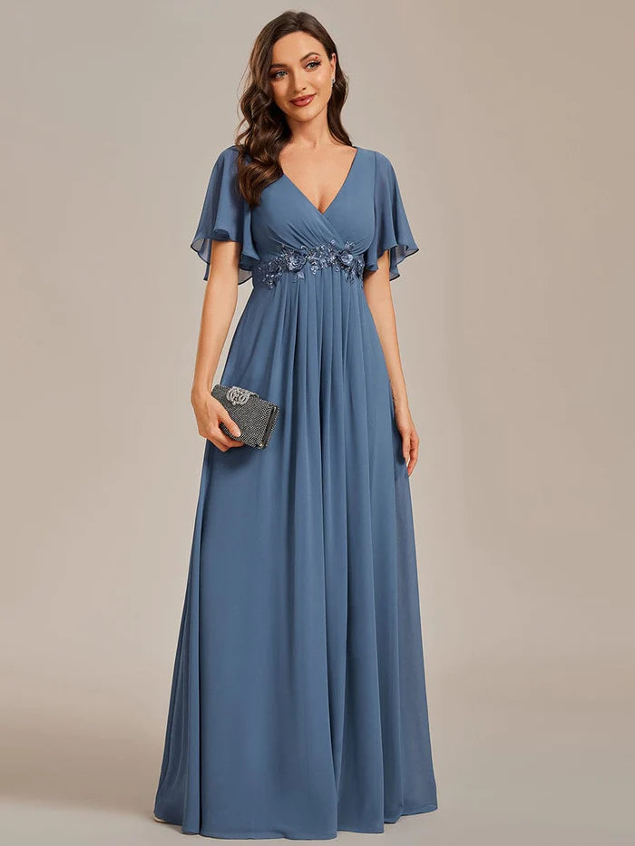 Ruffles Sleeve A-Line Chiffon Waist Applique Maxi Evening Dress/Prom Dresses