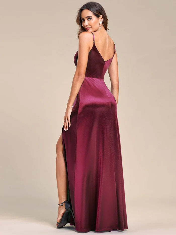 Spaghetti Straps High Stretch V-Neck Sleeveless Satin Evening Dress/Prom  Dresses