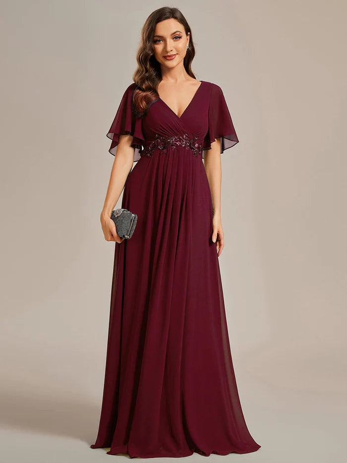 Ruffles Sleeve A-Line Chiffon Waist Applique Maxi Evening Dress/Prom Dresses