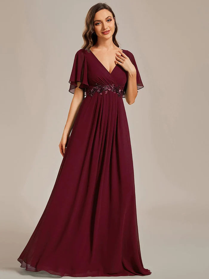 Ruffles Sleeve A-Line Chiffon Waist Applique Maxi Evening Dress/Prom Dresses