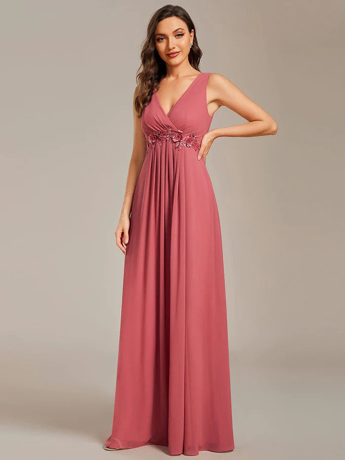 Floral Applique Sleeveless Chiffon Long Formal Evening Dress/Prom  Dresses