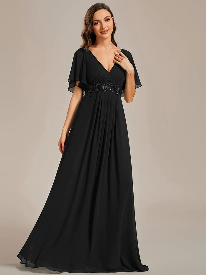 Ruffles Sleeve A-Line Chiffon Waist Applique Maxi Evening Dress/Prom Dresses
