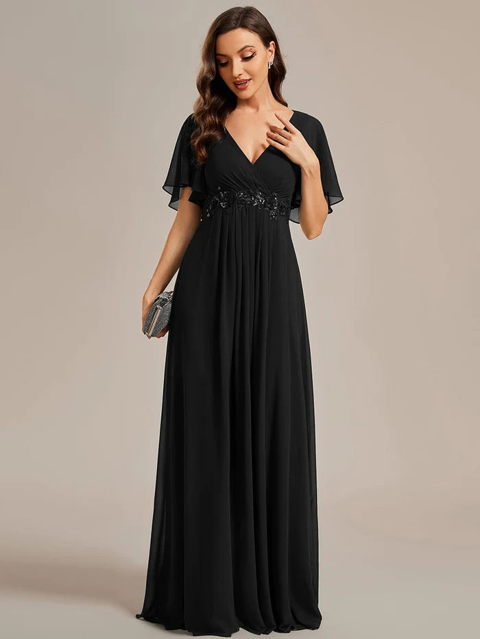 Ruffles Sleeve A-Line Chiffon Waist Applique Maxi Evening Dress/Prom Dresses