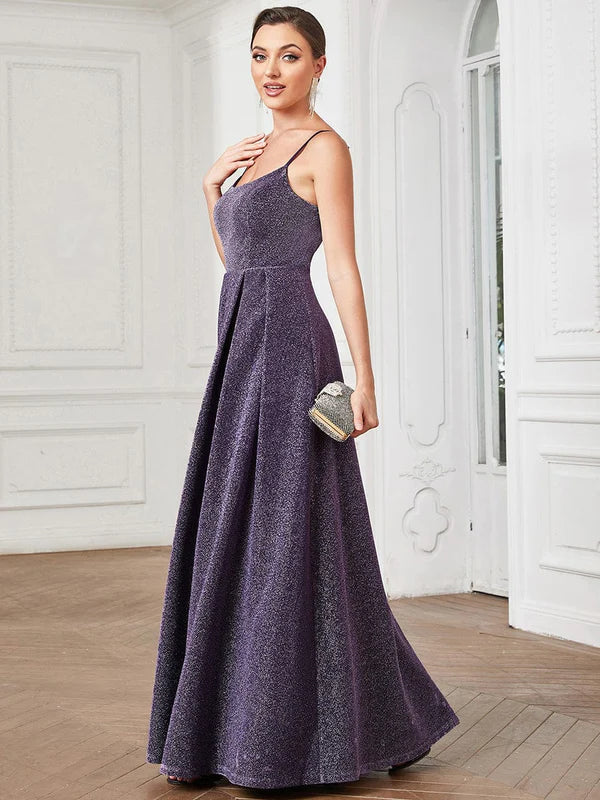 Spaghetti Strap Pleated A-Line Evening Dress