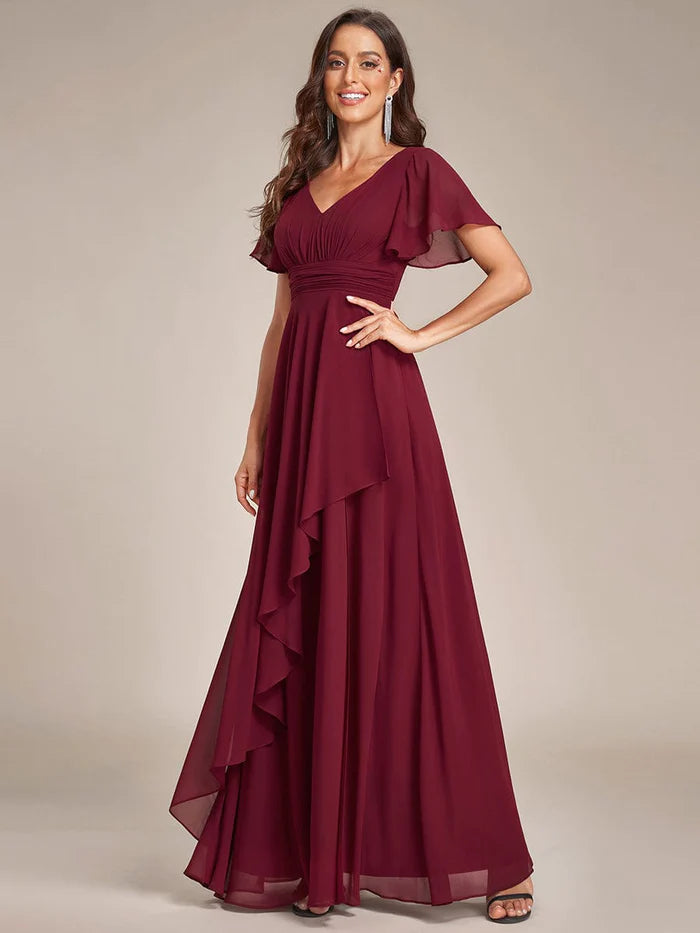 Ruffles Sleeve High Slit with Louts Leaf Chiffon Evening Dress/Prom Dresses