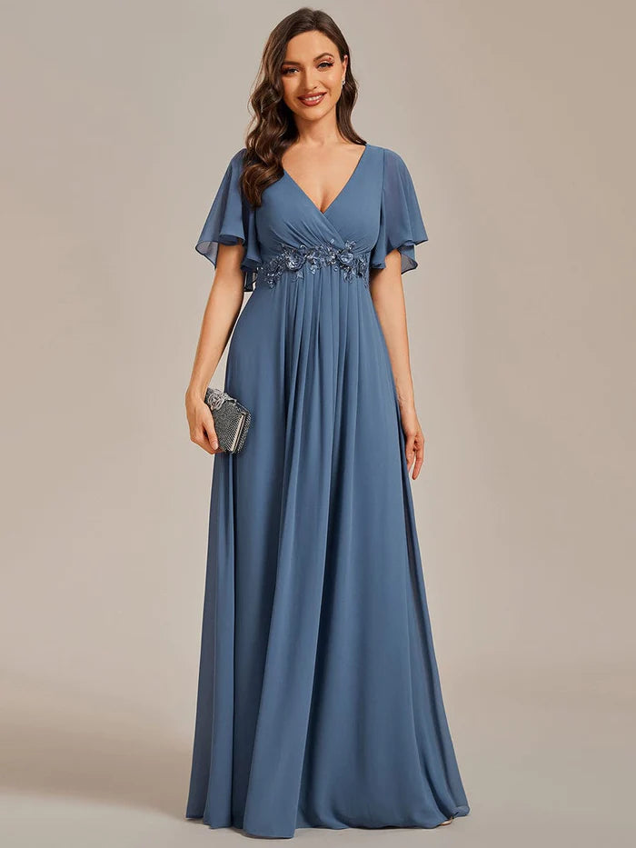 Ruffles Sleeve A-Line Chiffon Waist Applique Maxi Evening Dress/Prom Dresses