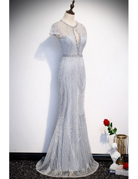 Classy Silver Sequined Mermaid Evening Dress with Keyhole Neckline