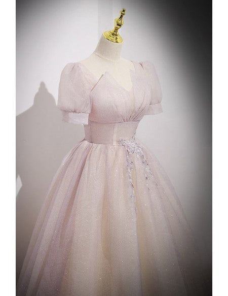 Modest Long Bling Tulle Prom Dress with Short Sleeves