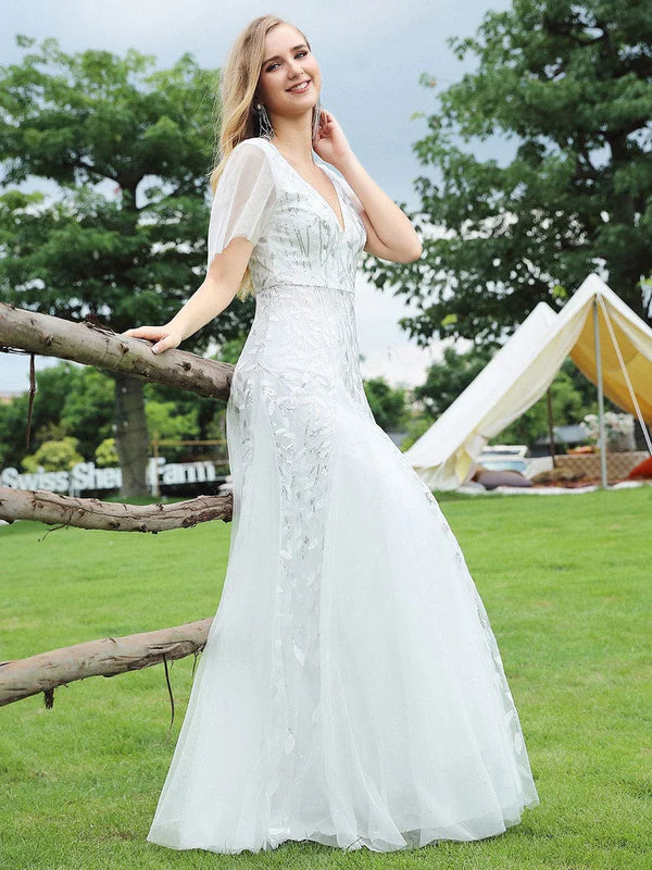 Deep V-Neck Leaf Sequin Tulle Short Sleeves Evening Dress