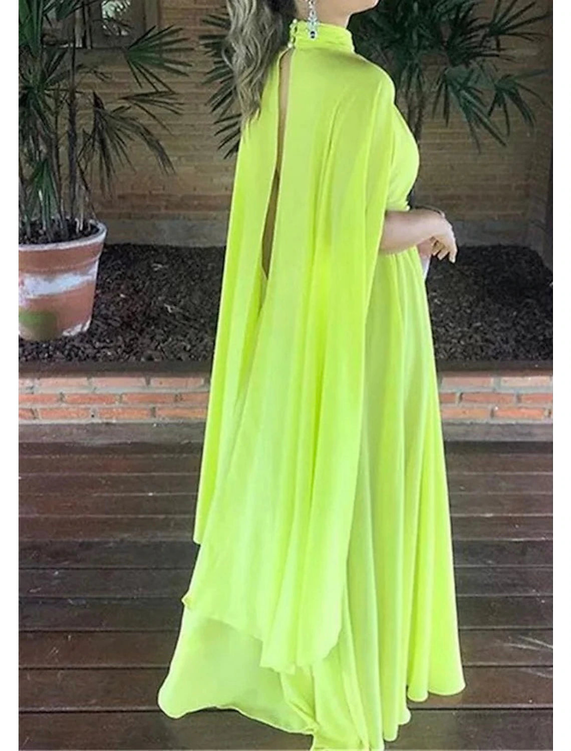 A-Line Evening Gown Elegant Dress Formal Wedding Guest Floor Length Sleeveless High Neck Capes Chiffon with Ruched