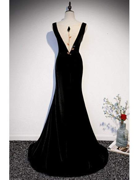 Slim Fit Black Mermaid Velvet Evening Dress Double Vneck
