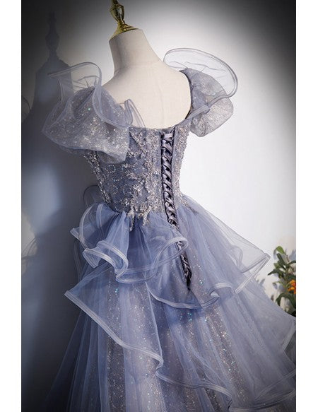 Bling Dusty Purple Ruffled Ballgown Prom Dress with Ruffles