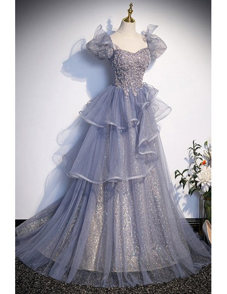 Bling Dusty Purple Ruffled Ballgown Prom Dress with Ruffles