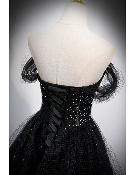Unique Off Shoulder Black Tulle Mesh Prom Dress with Bling