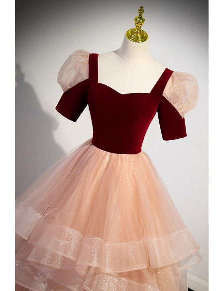 Unique Velvet And Ruffled Bling Tulle Prom Dress with Short Sleeves