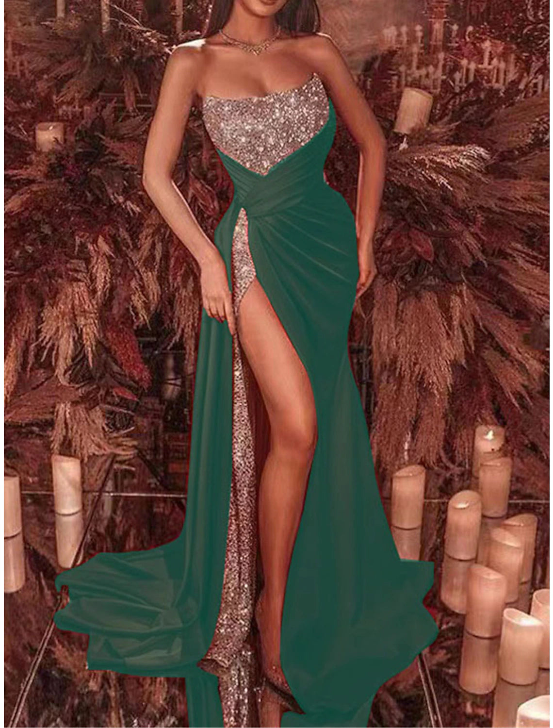 Women's Sequin Dress Prom Dress Party Dress Long Dress Maxi Dress Red Blue Green Sleeveless Plain Sequins Summer Spring Fall Strapless Red Valentines Dress Valentine's Day Wedding Guest Evening Party