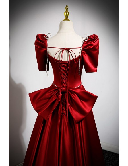 Formal Burgundy Satin Aline Long Evening Dress Square Neck with Big Bow In Back