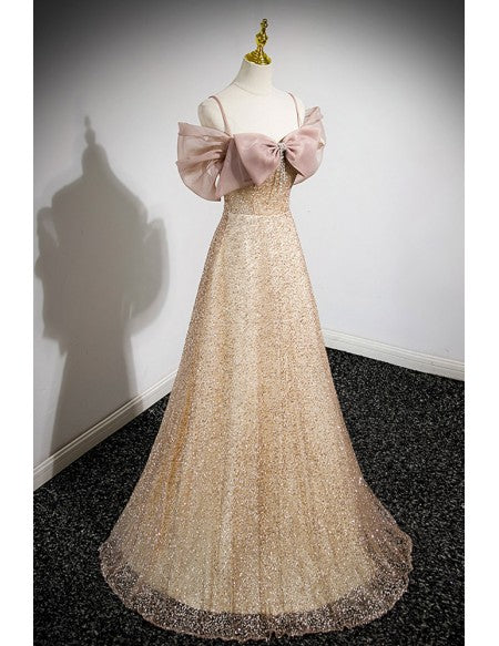 Gorgeous Champagne Sequined Long Prom Dress with Big Bow Sleeves