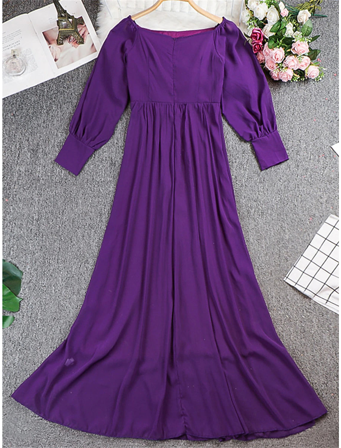 Women's Prom Dress Party Dress Wedding Guest Dress Long Dress Maxi Dress Black Wine Purple Long Sleeve Plain High Waist Summer Spring Fall Off Shoulder Elegant Wedding Guest Birthday Evening Party S