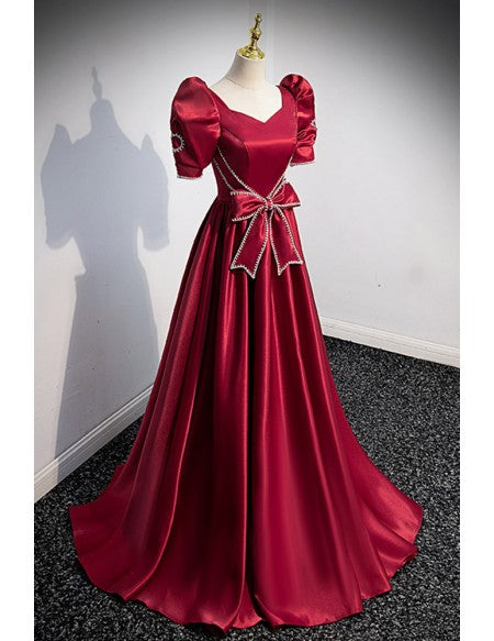 Elegant Burgundy Satin Evening Prom Dress with Jewelry Bow Knot