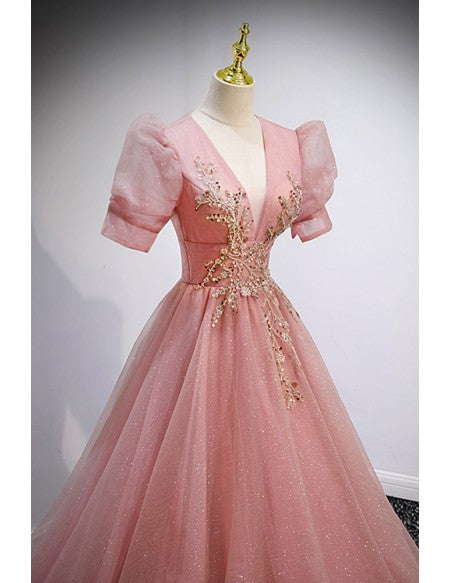 Princess Pink Ballgown Prom Dress Vneck with Gold Blings
