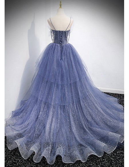 Stunning Ballgown Ruffled Tulle Long Prom Dress with Train