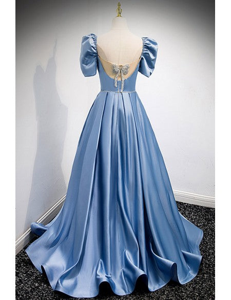 Elegant Long Satin Prom Dress with Open Back Jeweled Butterfly