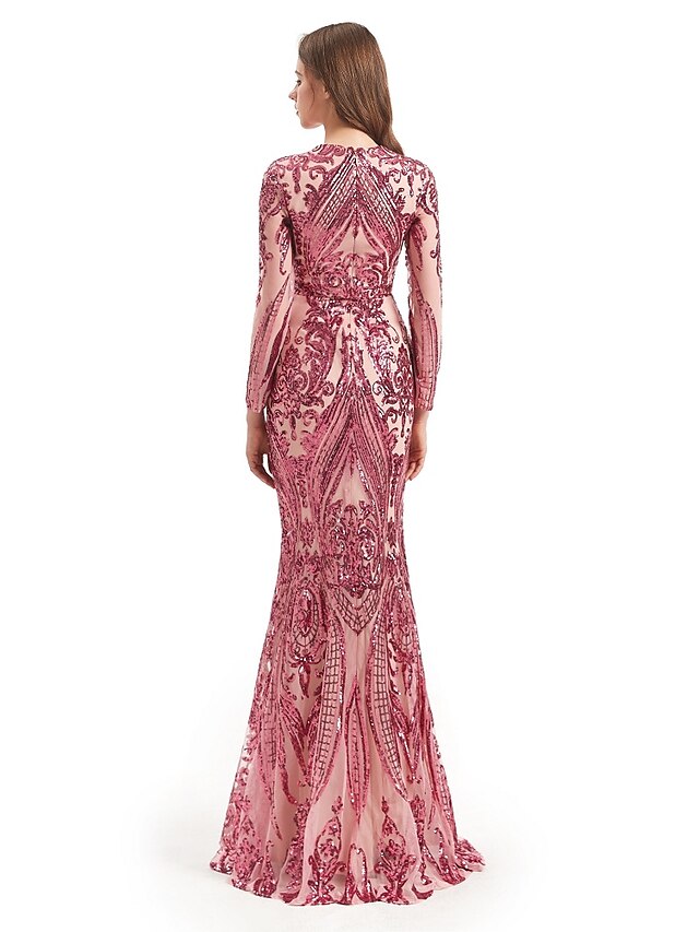 Mermaid Party Dress Evening Gown Luxurious Dress Carnival Wedding Guest Court Train Long Sleeve Jewel Neck Detachable Satin with Sequin Overskirt Pattern / Print