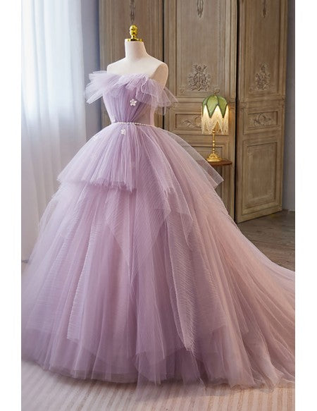 Fairytale Purple Tulle Puffy Ballgown Prom Dress with Train
