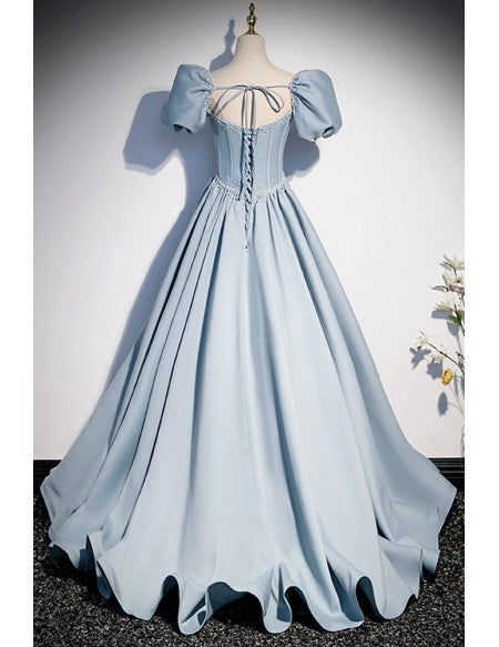 Ruffled Blue Satin Long Prom Dress with Beadings