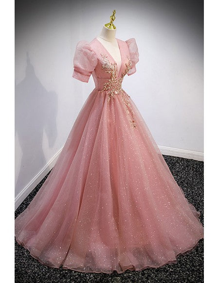 Princess Pink Ballgown Prom Dress Vneck with Gold Blings
