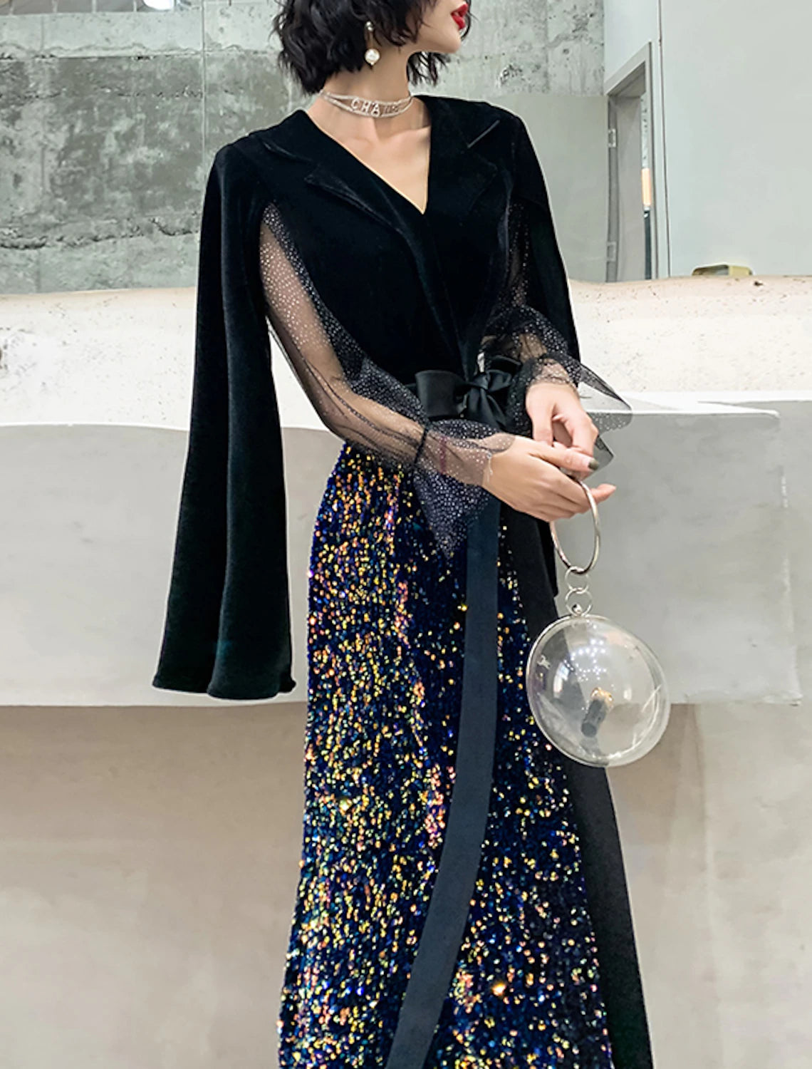 Mermaid / Trumpet Evening Gown Sparkle Dress Wedding Guest Prom Floor Length Long Sleeve V Neck Sequined with Sash / Ribbon Sequin