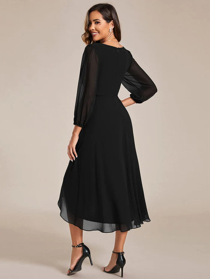 Long Sleeves Asymmetrical Hem A-Line Midi Wedding Guest Dress/Prom  Dresses
