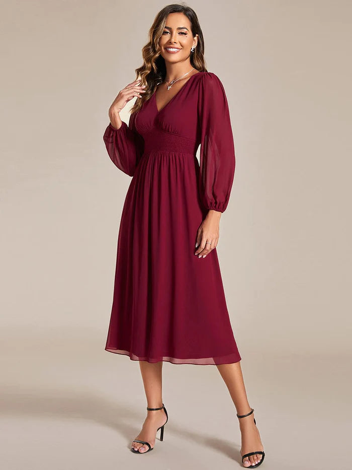 Chiffon V-Neck Long Sleeves  Band Midi Wedding Guest Dress