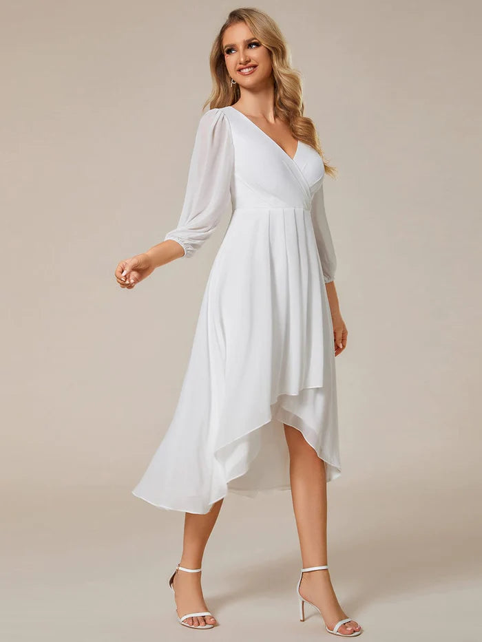 Long Sleeves Asymmetrical Hem A-Line Midi Wedding Guest Dress/Prom  Dresses