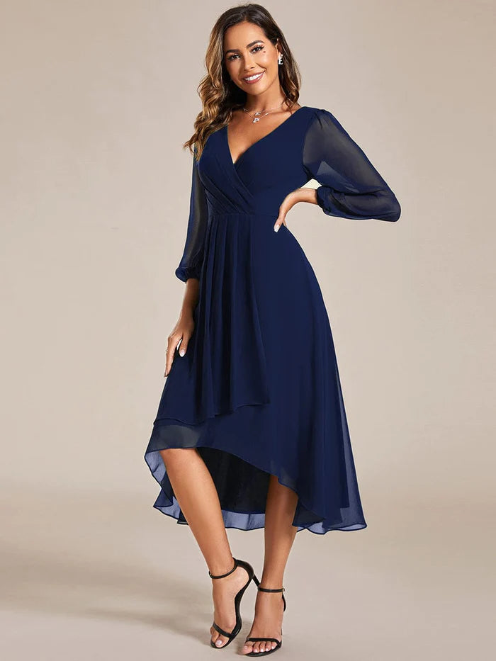 Long Sleeves Asymmetrical Hem A-Line Midi Wedding Guest Dress/Prom  Dresses